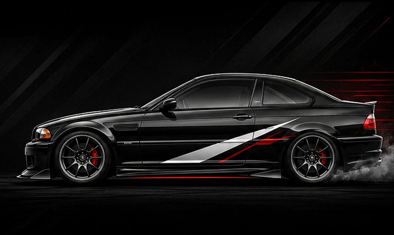 BMW E46 330 school drift car in black and red MLR style
